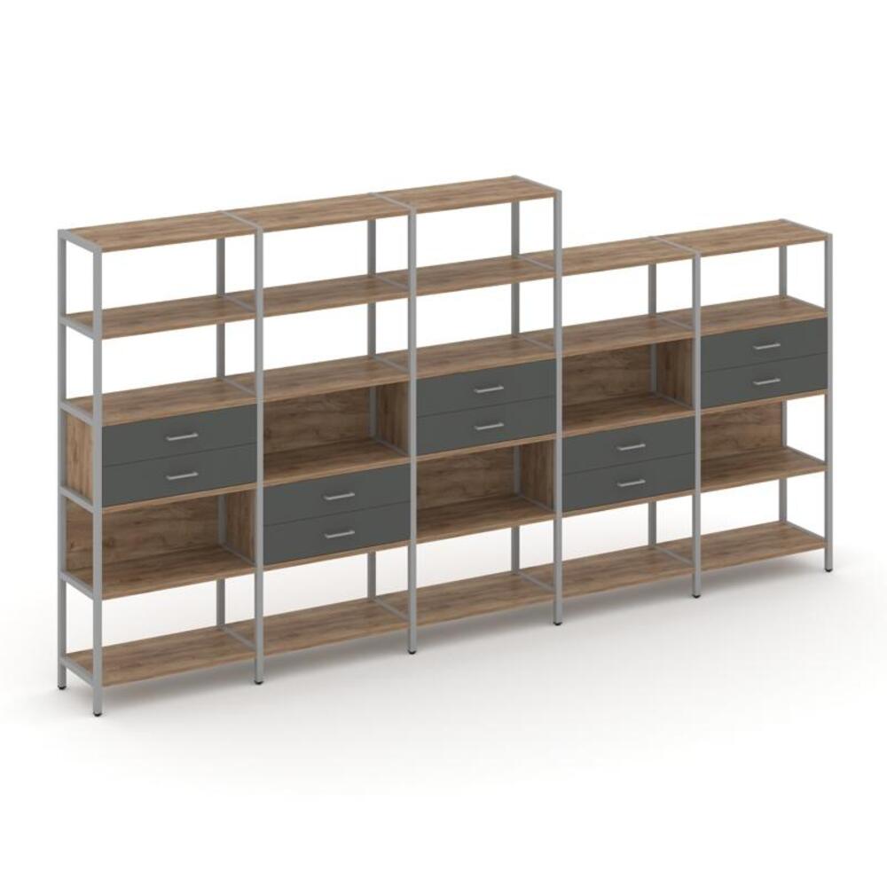 Пятисекционный стеллаж пятиярусный с ящиками