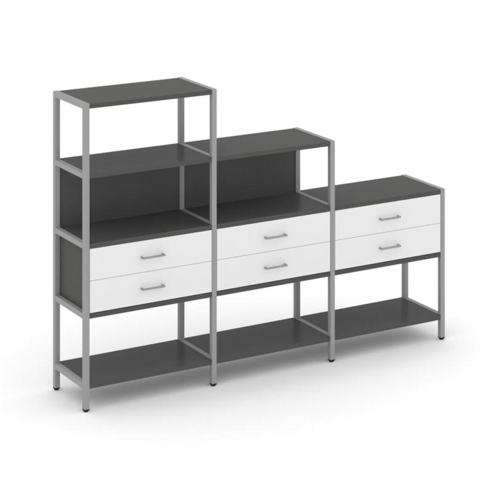 Трехсекционный стеллаж четырех/трех/двухярусный с ящиками