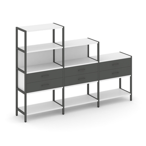 Трехсекционный стеллаж четырех/трех/двухярусный с ящиками