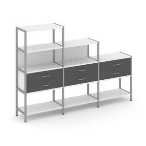 Трехсекционный стеллаж четырех/трех/двухярусный с ящиками