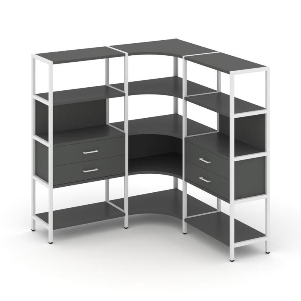 Трехсекционный угловой стеллаж четырехярусный с ящиками