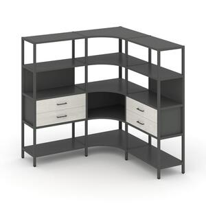 Трехсекционный угловой стеллаж четырехярусный с ящиками