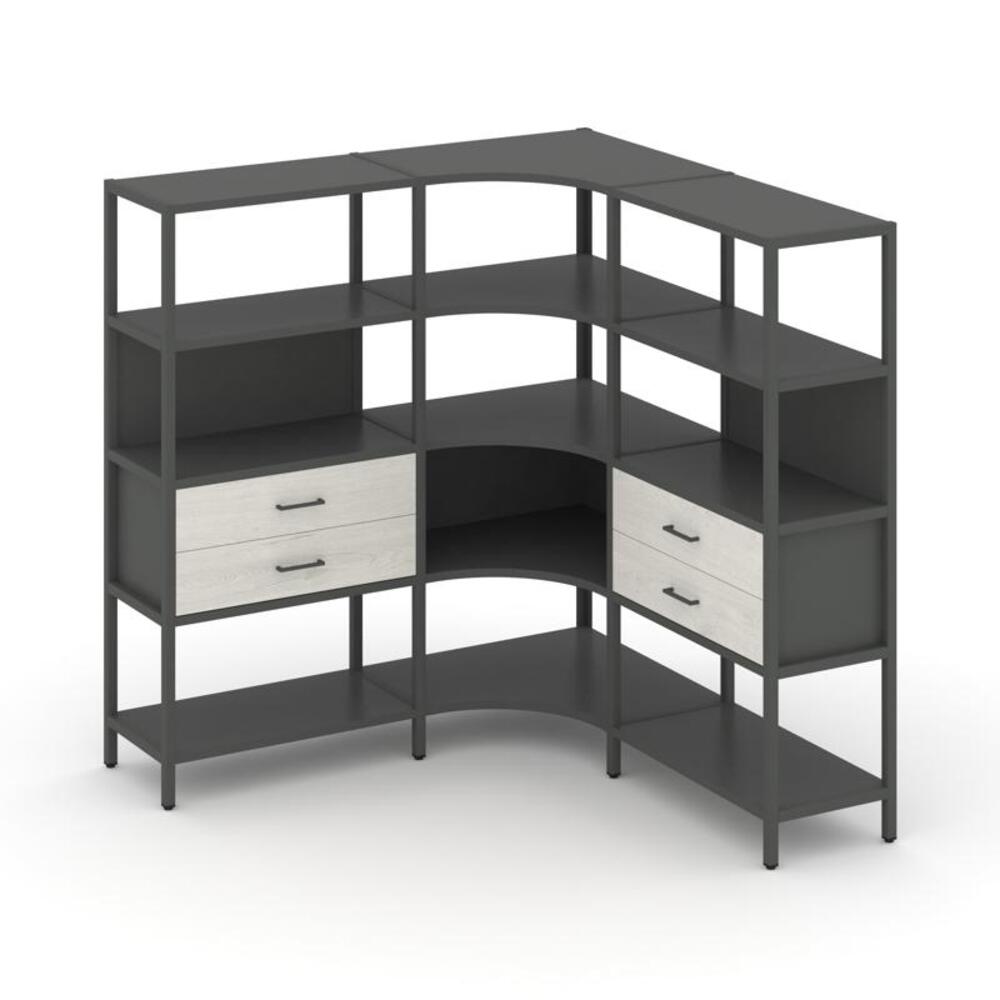 Трехсекционный угловой стеллаж четырехярусный с ящиками