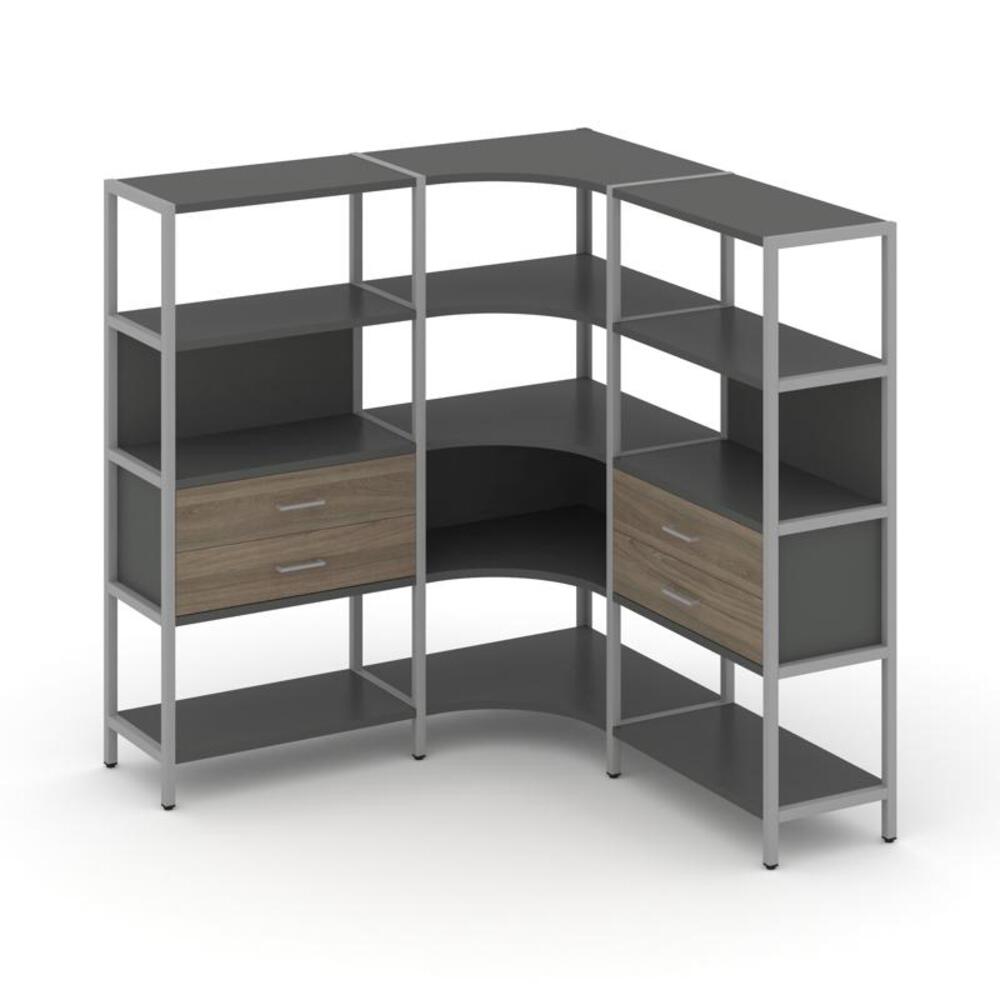 Трехсекционный угловой стеллаж четырехярусный с ящиками
