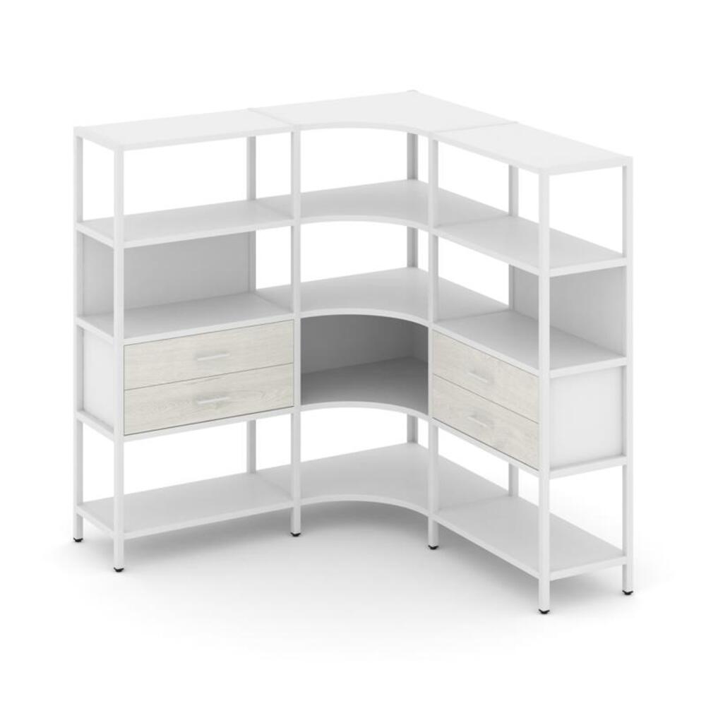 Трехсекционный угловой стеллаж четырехярусный с ящиками