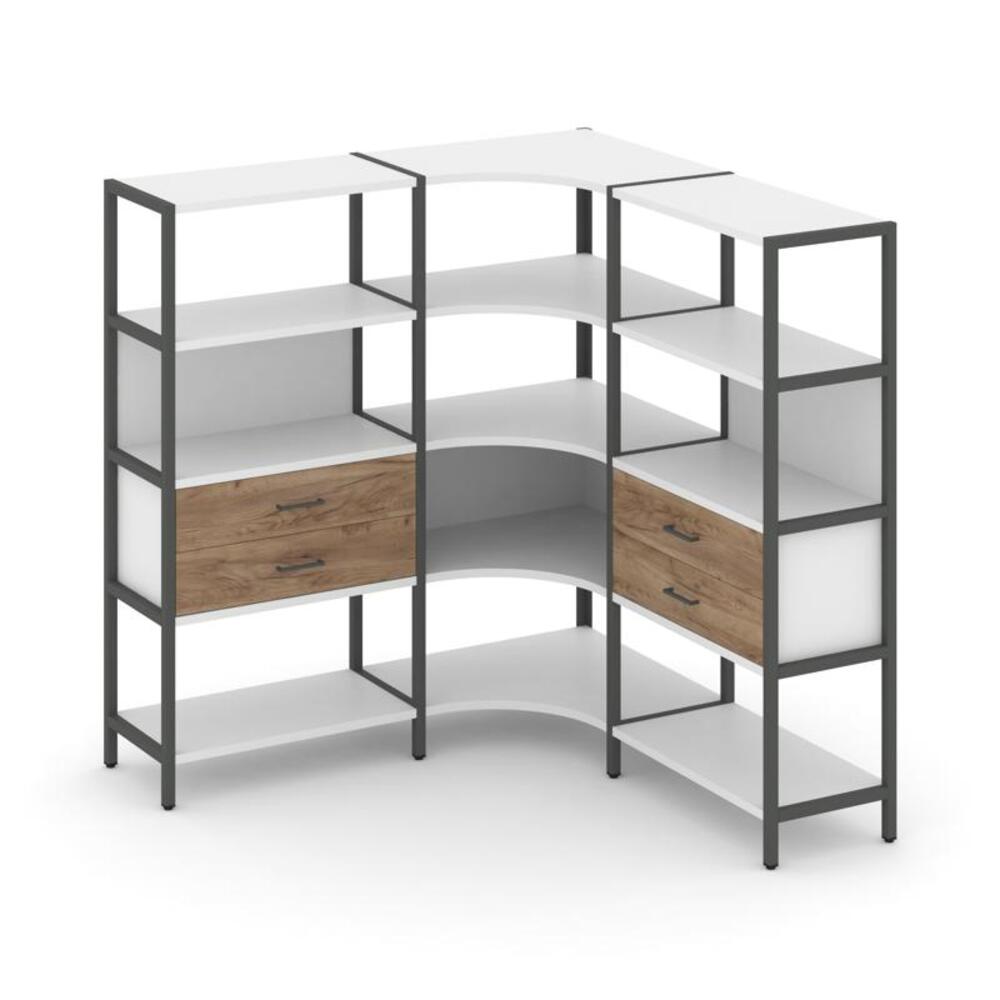 Трехсекционный угловой стеллаж четырехярусный с ящиками