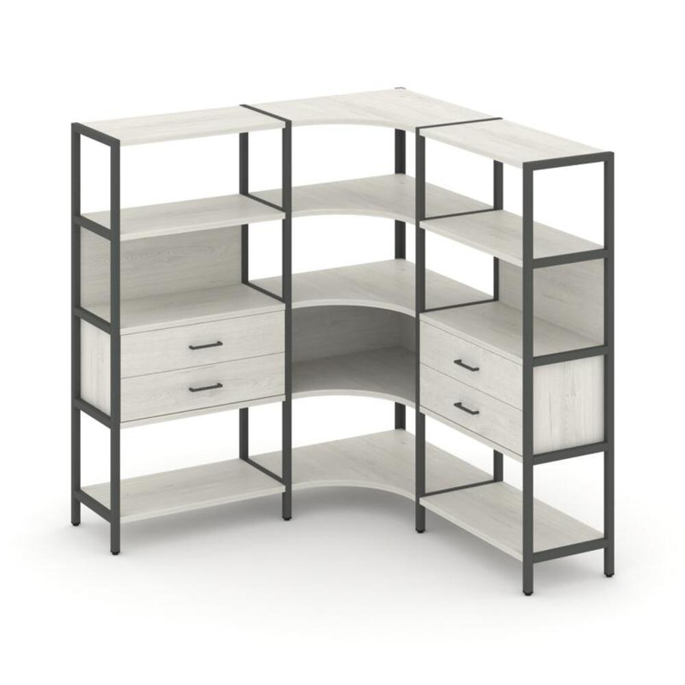Трехсекционный угловой стеллаж четырехярусный с ящиками