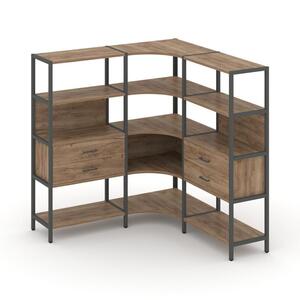 Трехсекционный угловой стеллаж четырехярусный с ящиками