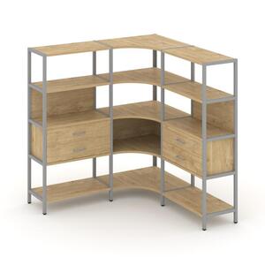 Трехсекционный угловой стеллаж четырехярусный с ящиками