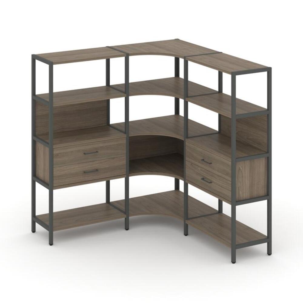 Трехсекционный угловой стеллаж четырехярусный с ящиками