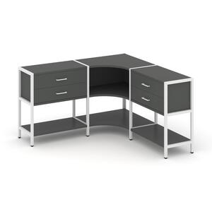 Трехсекционный угловой стеллаж двухярусный с ящиками