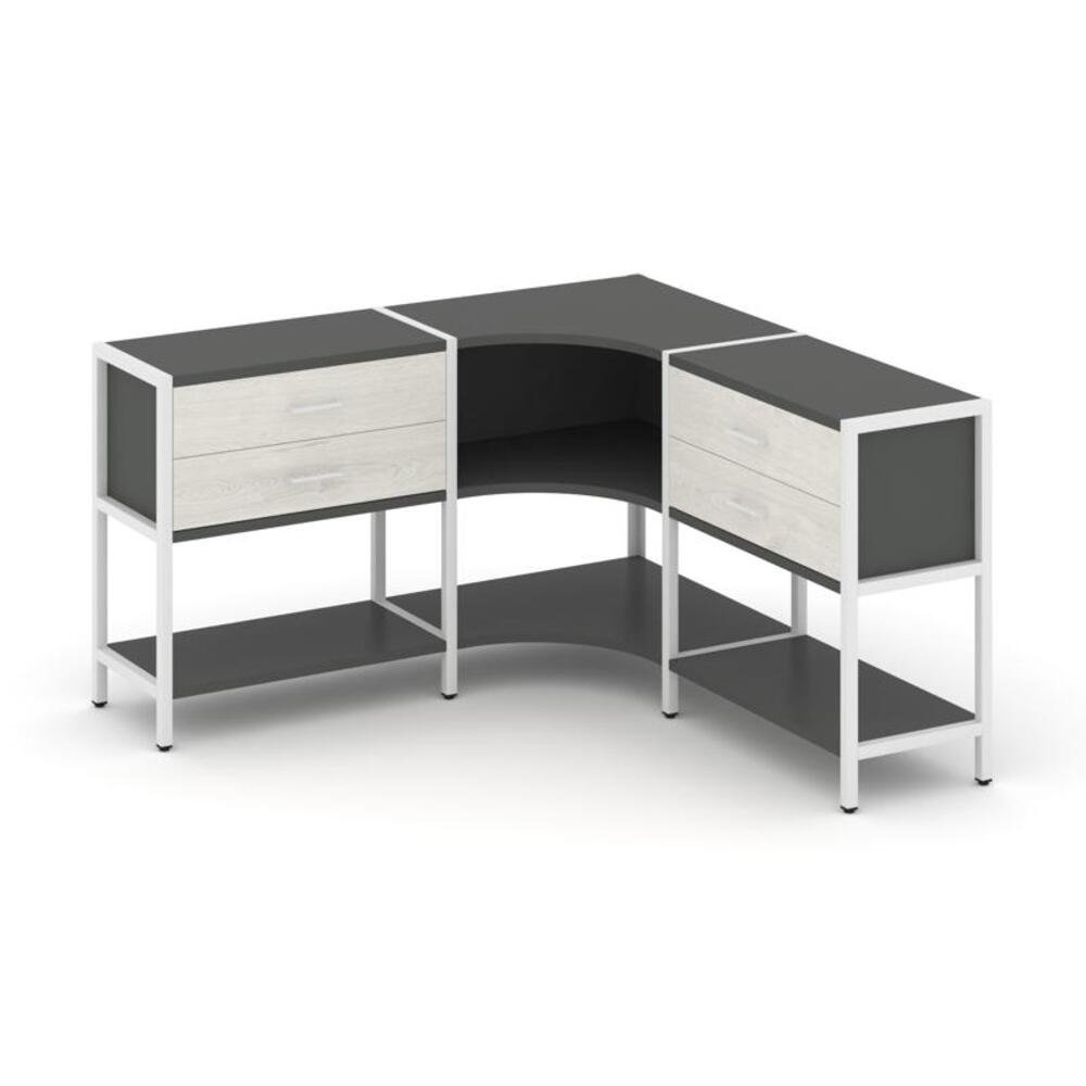 Трехсекционный угловой стеллаж двухярусный с ящиками