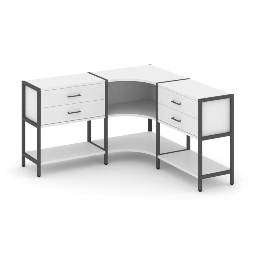 Трехсекционный угловой стеллаж двухярусный с ящиками