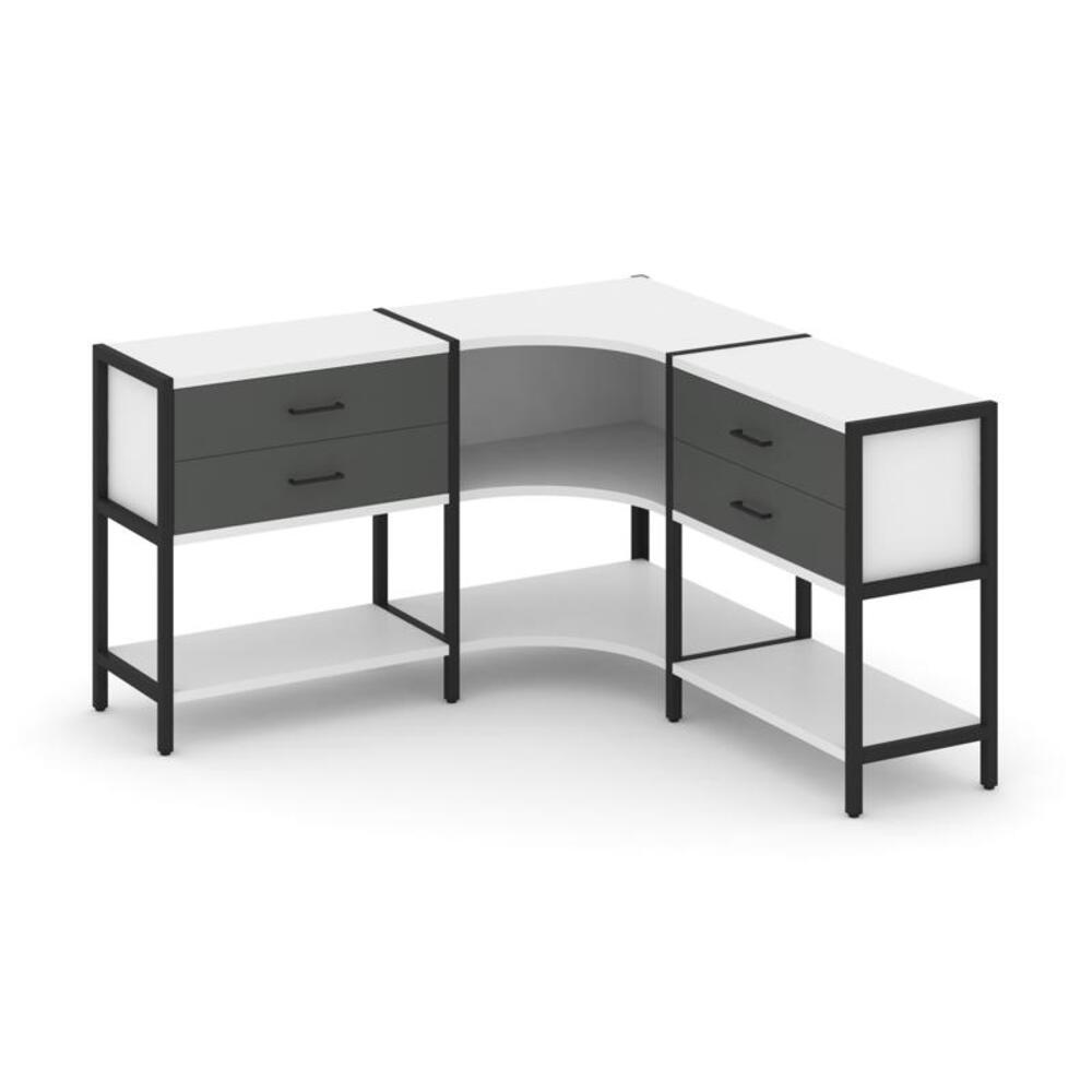 Трехсекционный угловой стеллаж двухярусный с ящиками