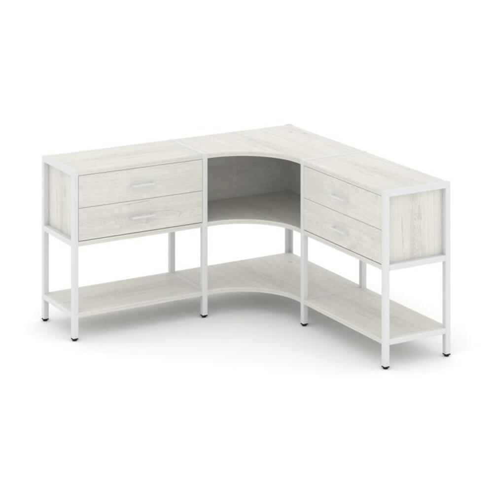 Трехсекционный угловой стеллаж двухярусный с ящиками