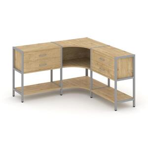 Трехсекционный угловой стеллаж двухярусный с ящиками