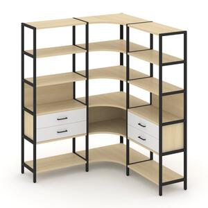Трехсекционный угловой стеллаж пятиярусный с ящиками