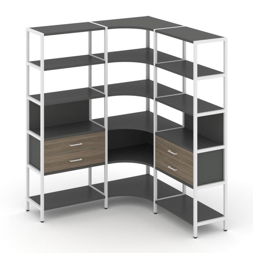 Трехсекционный угловой стеллаж пятиярусный с ящиками