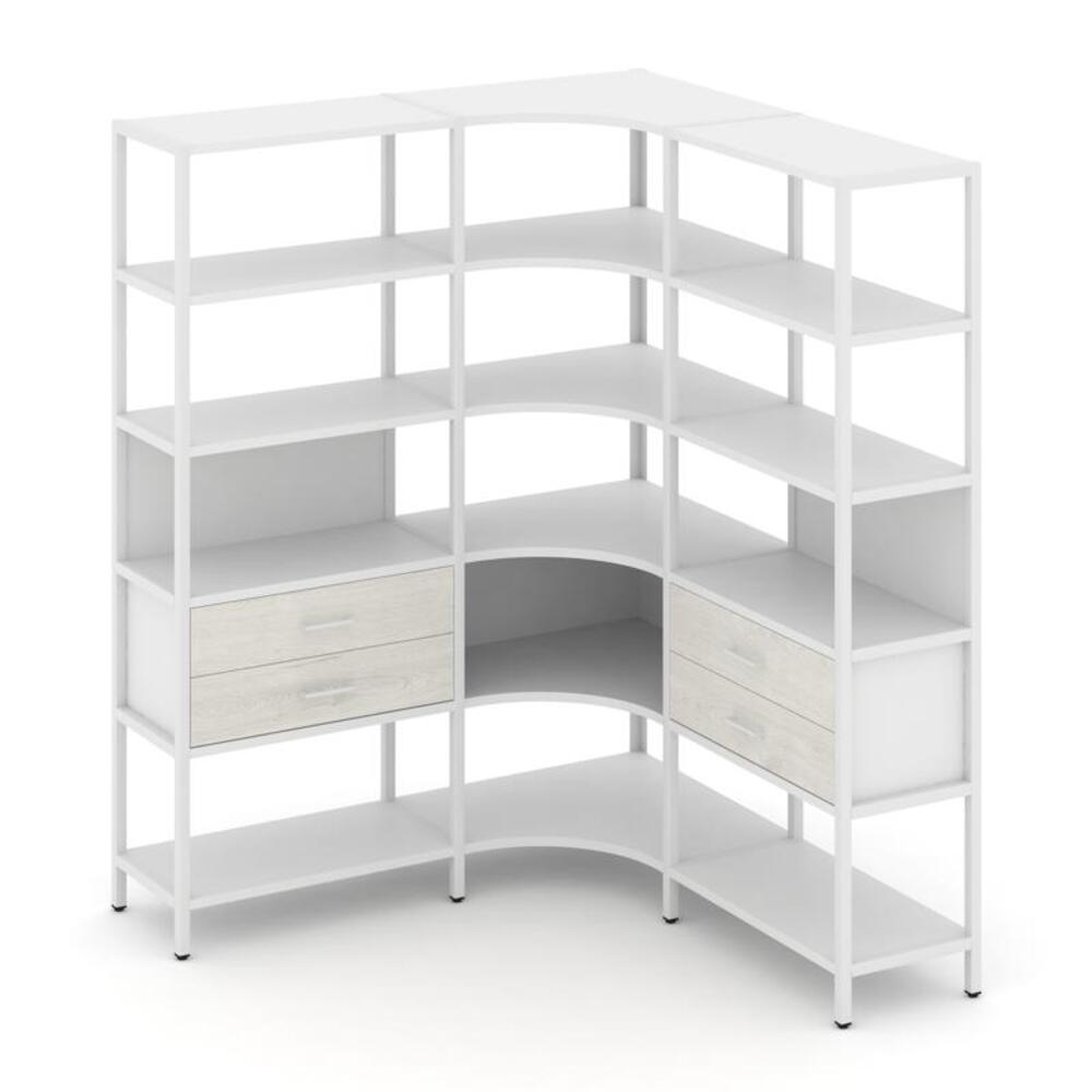 Трехсекционный угловой стеллаж пятиярусный с ящиками