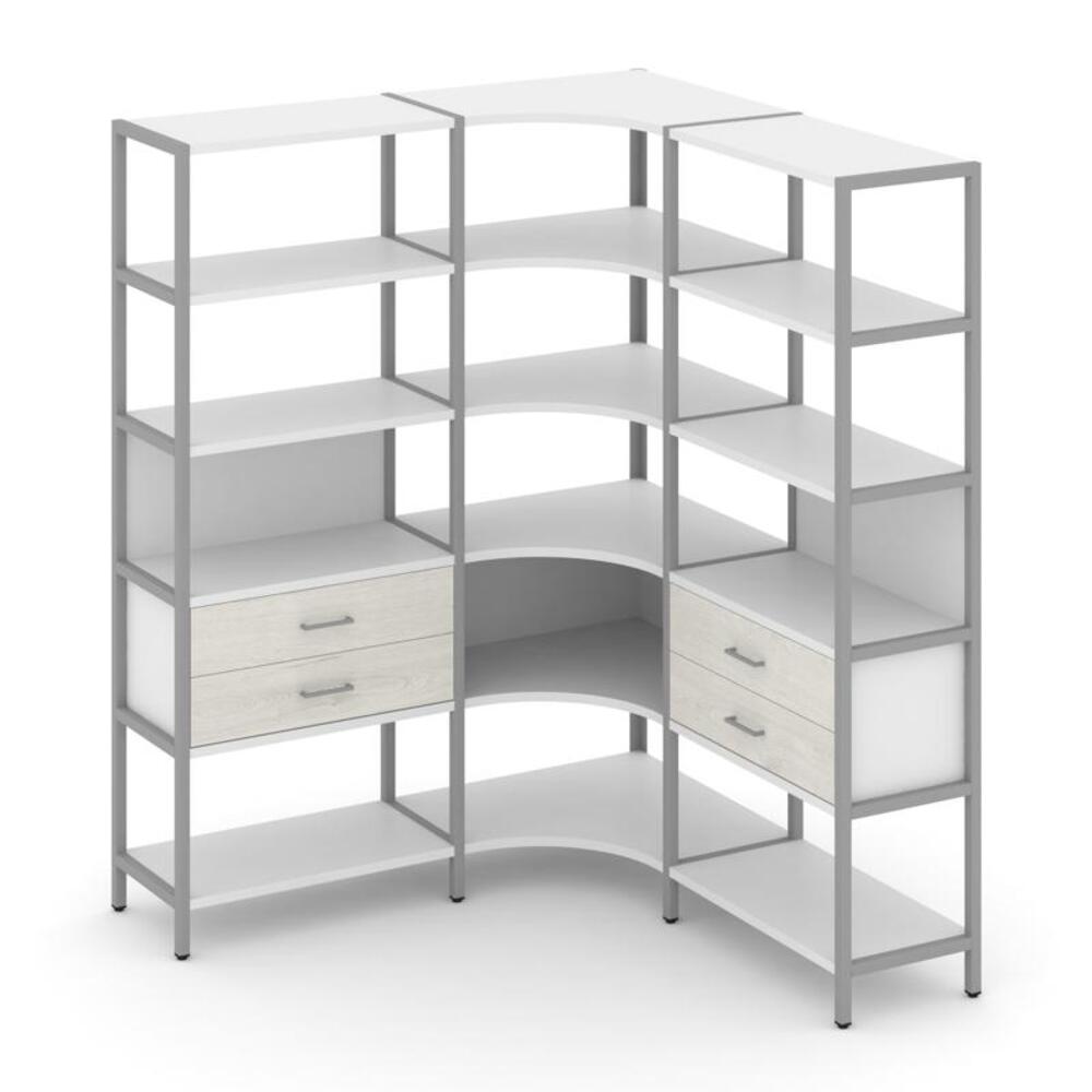 Трехсекционный угловой стеллаж пятиярусный с ящиками