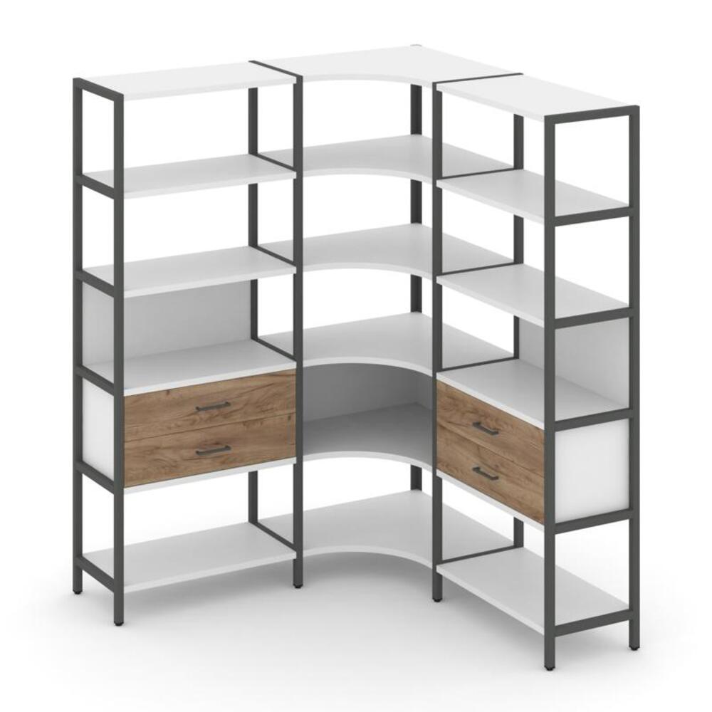 Трехсекционный угловой стеллаж пятиярусный с ящиками
