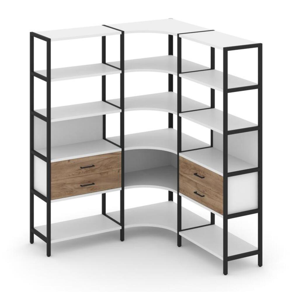 Трехсекционный угловой стеллаж пятиярусный с ящиками