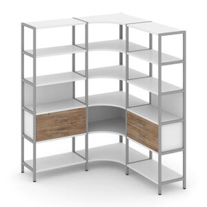 Трехсекционный угловой стеллаж пятиярусный с ящиками