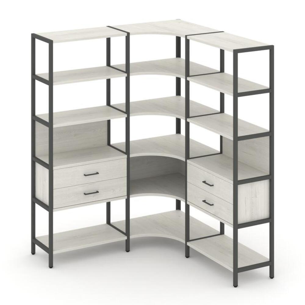 Трехсекционный угловой стеллаж пятиярусный с ящиками